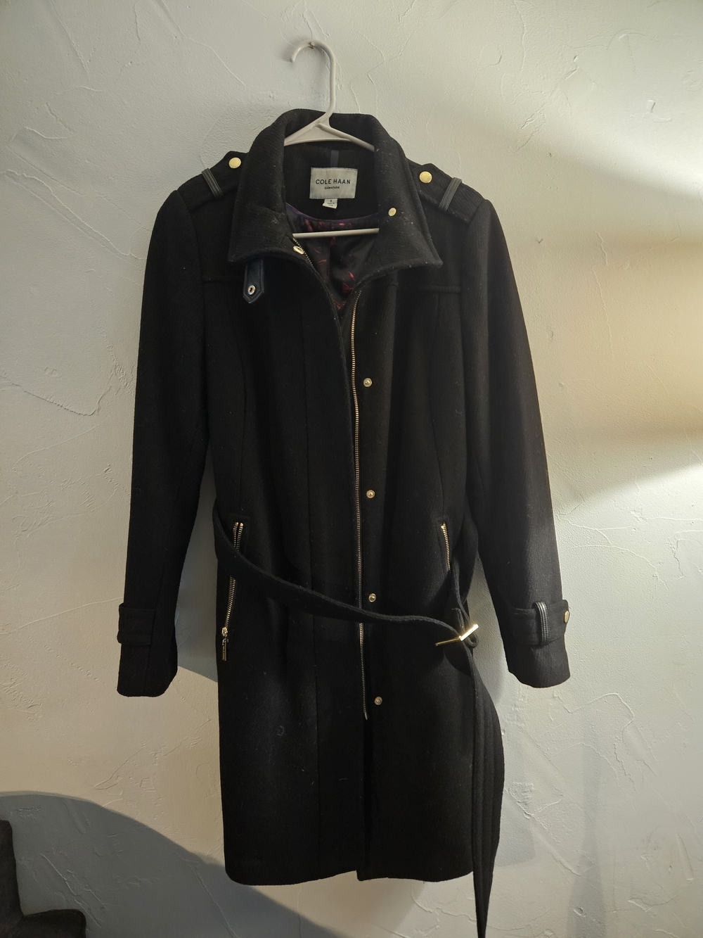 Cole Haan Black Wool Belted Coat
